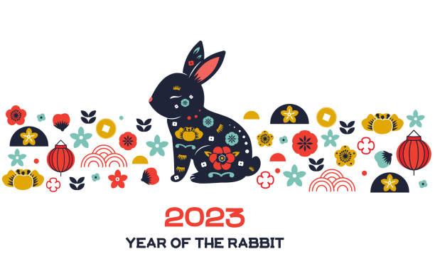 2023 year of rabbit lunar zodiac. Chinese new year banner with rabbit, flowers, lanterns and other symbol. Border design for calendar and cards. Translation mean Happy New year