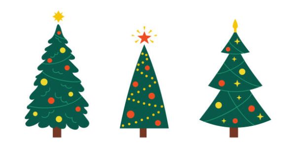 Vector New Year set with christmas trees. Cute evergreen trees with balls, stars and garlands. Fir trees for Christmas.