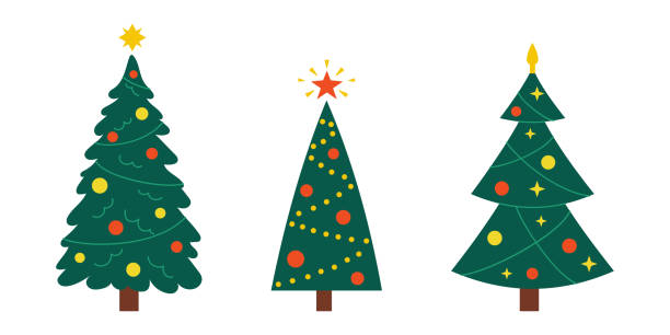 Vector+New+Year+set+with+christmas+trees.+Cute+evergreen+trees+with+balls%2C+stars+and+garlands.+Fir+trees+for+Christmas.