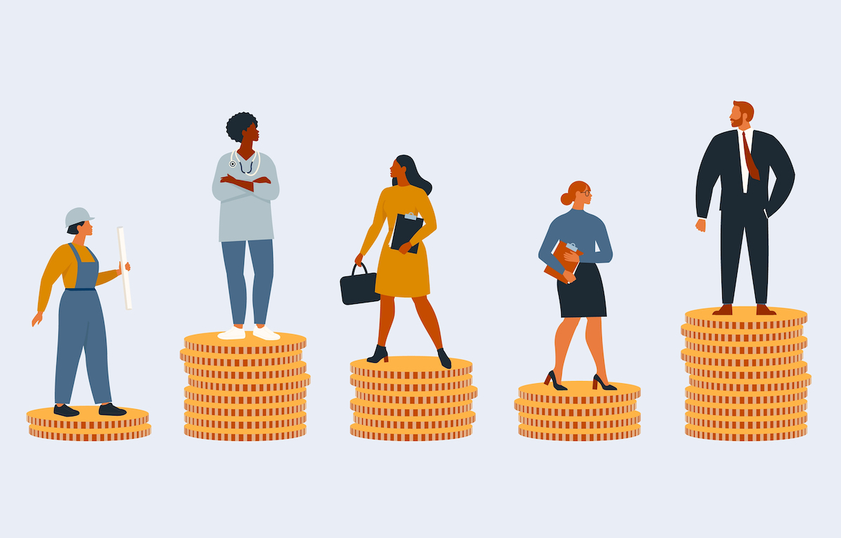 Rich and poor people with different salary, income or career growth unfair opportunity. Concept of financial inequality or gap in earning. Flat vector cartoon illustration isolated.